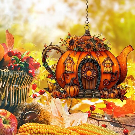 Pumpkin Harvest Farming Autumn Acrylic Suncatcher Stained Glass Effect Window Car Hanging Christmas Ornament Indoor Outdoor Decor Garden Sun Catcher Panel for Thanksgiving Lover for Women Mom Grandma