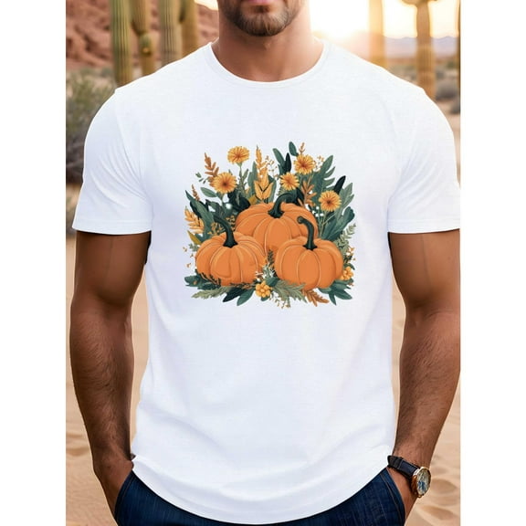 Pumpkin Harvest Tee Autumn Floral Print T Shirt Fall Graphic Tees Casual Farm Visit Tops Comfort Fit White S-5XL