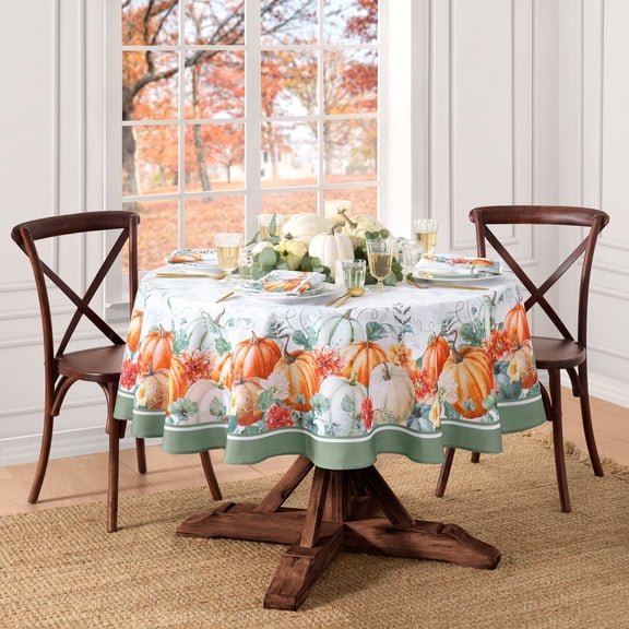 Elrene Home Fashions Pumpkin Harvest Vine Double Border Tablecloth, Multi, 60" x 84" Oval
