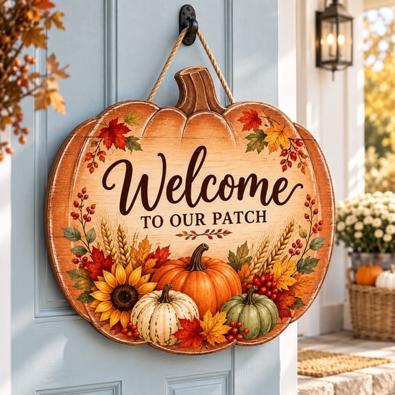Pumpkin Harvest Welcome Wooden Door Sign for Thanksgiving Porch Decor