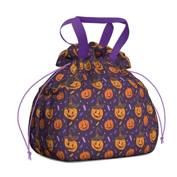 Pumpkin Hat Halloween Pattern Drawstring Lunch Bag Women - Drawstring Lunch Bag Insulated for Work Office - Stain-Resistant Large Lunchbags for Women with Multi-Pockets