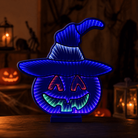 Pumpkin with Hat Infinity Mirror Light with Stand - LED Lighted Halloween Decoration - USB-Powered - 3D LED Infinity Light - Indoor Seasonal Decor for Tables or Windows - 18.9" x 20"