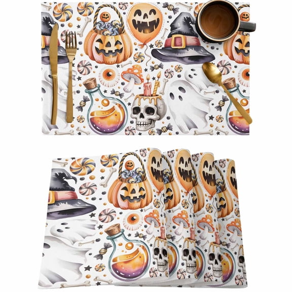 Pumpkin Hat Skull White Ghost Placemats Set of 4,Wipeable Washable Table Mats for Dining Tables,Happy Halloween Candle Place Mats for Kitchen Event Party Tabletop Decor
