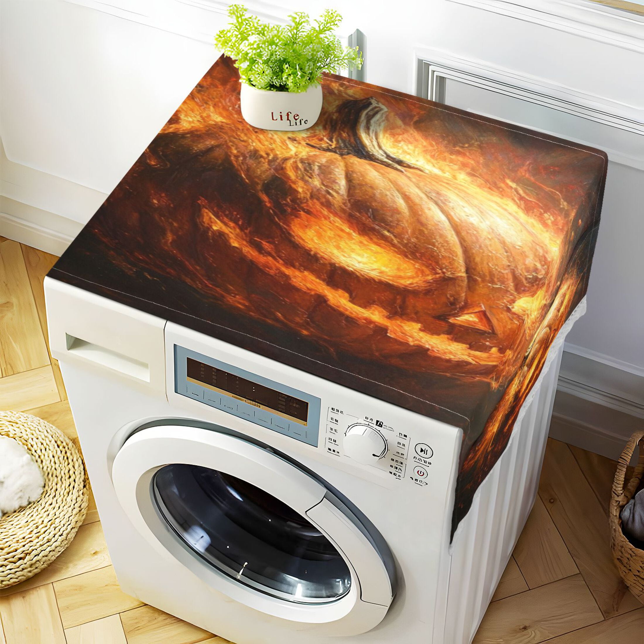 A Pumpkin Head on FireWasher and Dryer Covers Dust-Proof and Oil Resistant Fridge Cover with 4 Storage Pockets Washing Machine Top Cover for Laundry Kitchen Home 51.2 x 22 In