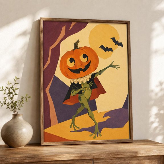 Pumpkin Head Frog Wall Art Print With Vintage Halloween And Retro Folk Decor Unframed Paper Print