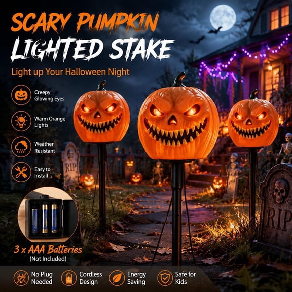 Pumpkin Head Garden Stake 3 Pack, Carved Spooky Face Halloween Outdoor Courtyard Decoration for Yard & Porch, Weather-Resistant