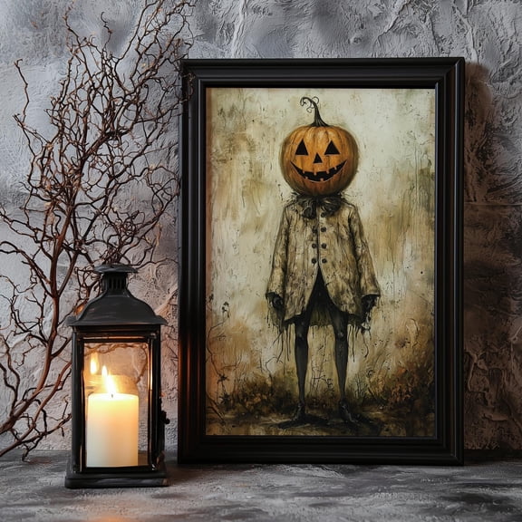 Pumpkin Head Man Gothic Poster Spooky Halloween Wall Art Modern Wall Decor , Poster Print Only