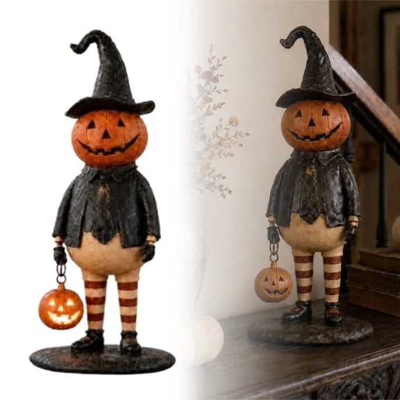 Pumpkin Head Witch Hat Resin Figurine, Standing Jack O Lantern Character Statue with Mini Glowing Pumpkin Lantern, Vintage Fall Halloween Tabletop Decor for Mantel Shelf Party Ornament Gift