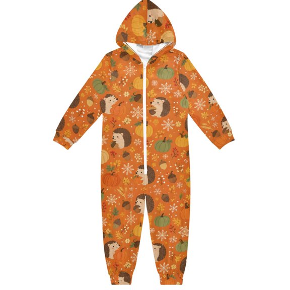 Pumpkin Hedgehog Boys & Girls Hooded One-Piece Pajamas Warm Crystal velvet Hooded Long Sleeve Loungewear Jumpsuit Unisex