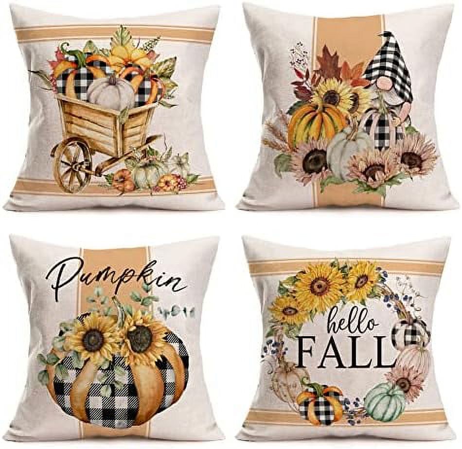 Pumpkin Hello Fall Decor Pillow Covers 22x22 Inch Buffalo Check Plaids