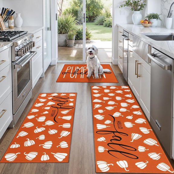 Pumpkin Hello Fall Kitchen Rug Set of 3, Autumn Seasonal Kitchen Mats 17"x30"+17"x47"+17"x59", Non-Slip Washable Kitchen Runner Rugs, Orange Pumpkin Decor for Kitchen, Laundry Room, Entryway