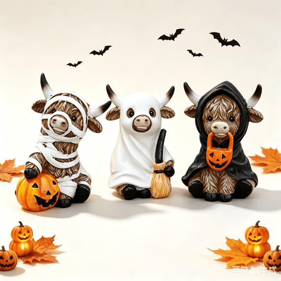 Pumpkin Highland Cow Decor, Halloween Resin Figurine, Farmhouse Fall Tabletop Decoration for Shelf Mantel Tiered Tray