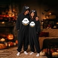 thumbnail image 1 of Pumpkin Hooded Onesie Costume for Women & Men, Halloween Matching Couple Flannel Jumpsuit with Ghost Print & Zipper Front — Unisex Cozy Sleepwear Set for Party & Lounge Black L, 1 of 8