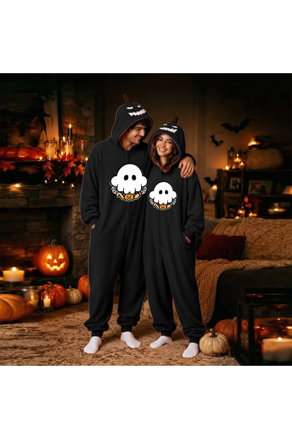 Pumpkin Hooded Onesie Costume for Women & Men, Halloween Matching Couple Flannel Jumpsuit with Ghost Print & Zipper Front — Unisex Cozy Sleepwear Set for Party & Lounge Black L