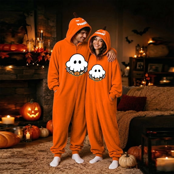 Pumpkin Hooded Onesie Costume for Women & Men, Halloween Matching Couple Flannel Jumpsuit with Ghost Print & Zipper Front — Unisex Cozy Sleepwear Set for Party & Lounge Orange L