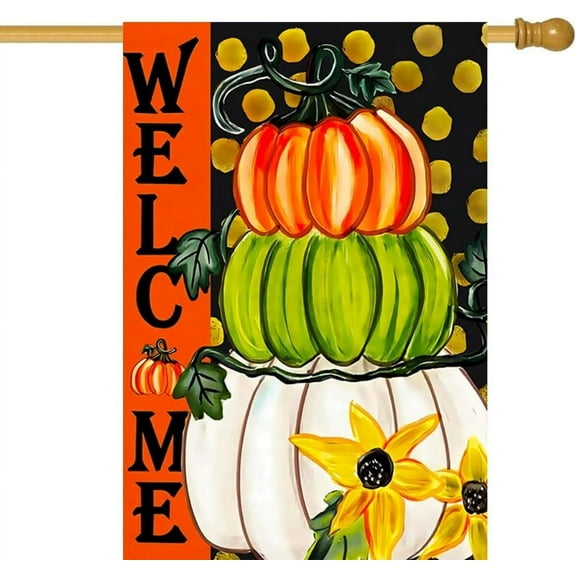 Pumpkin House Flag 28 x 40 Inch Welcome Fall Garden Flag Decorative House Yard Double Sided Flag for Autumn Seasonal Decoration