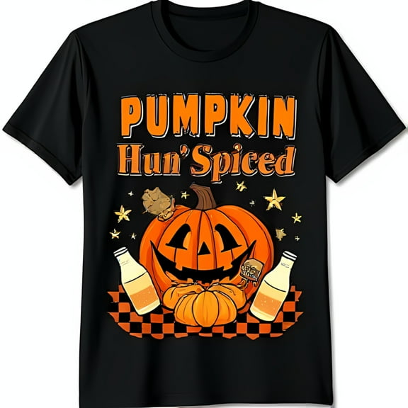 Pumpkin Hun Spiced Black T-Shirt with Fun Chest Graphic for Halloween Lovers