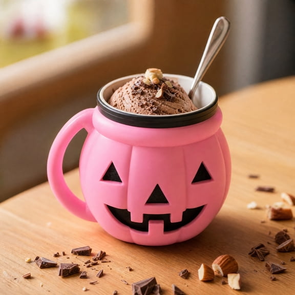 Pumpkin Ice Cream Pint Cozy, Halloween Jack O Lantern Holder, 3D Printed Dessert Cup Sleeve, Reusable Mug Style Accessory for Frozen Desserts and Fall Decor(NO Spoon,Pink)