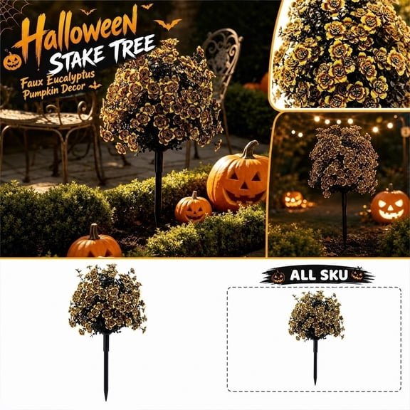 Pumpkin Jack-O-Lantern Faux Eucalyptus Pathway Stake Lights Halloween Decorations, Outdoor Indoor Spooky Lights premium high-end quality long lasting holiday ornaments kit. 60*35cm,1PC