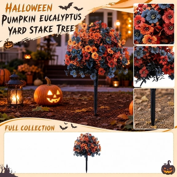 Pumpkin Jack-O-Lantern Faux Eucalyptus Pathway Stake Lights Halloween Decorations, Outdoor Indoor Spooky Lights premium high-end quality long lasting holiday ornaments kit. 60cm,1PC