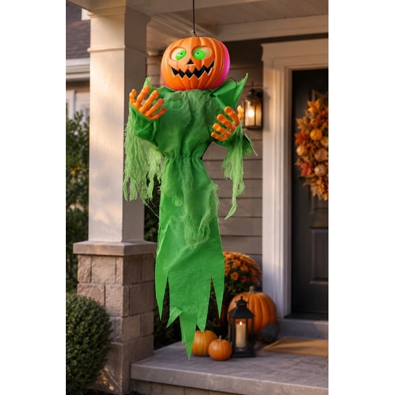 Pumpkin Jack-O-Lantern Figure Hanging Decoration, Lights Up, Talks, 42 in
