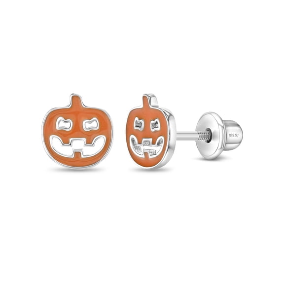 Pumpkin Kids / Children's Earrings Screw Back Enamel - Sterling Silver