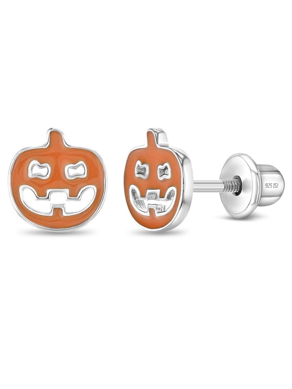 Pumpkin Kids / Children's Earrings Screw Back Enamel - Sterling Silver