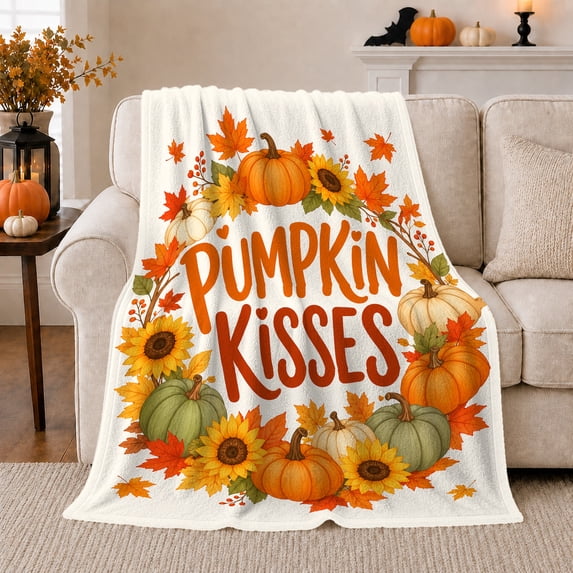 Pumpkin Kisses Farmhouse Autumn Harvest, Playful Rustic Scene, Warm Flannel Blanket for Ranch House and Living Room, Animal Lovers Thanksgiving Gift, Rustic Home Decor