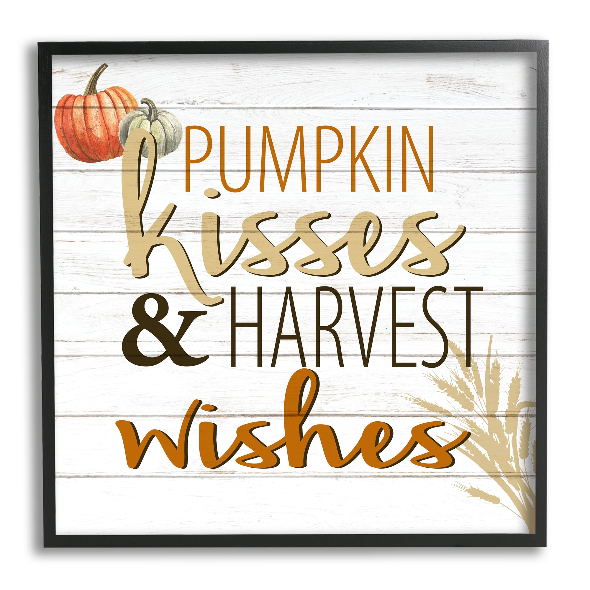 Pumpkin Kisses Harvest Wishes Autumn Sentiment Plank Pattern Typography Framed Art Print Wall Art, 17x17