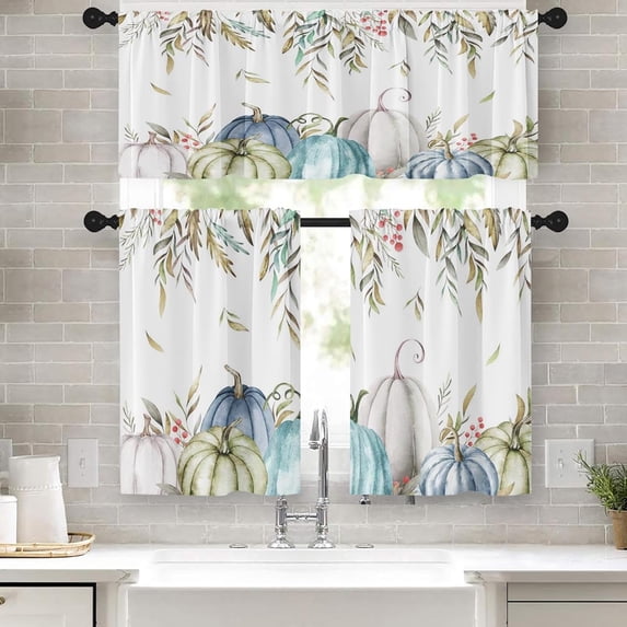 Pumpkin Kitchen Curtains Fall Window Curtains Valance and Tier Set 36 Inch, Autumn Leaves Watercolor Rod Pocket Short Tier Curtain for Room, Thanksgiving Small Cafe Kitchen Decor