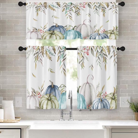 Pumpkin Kitchen Curtains Fall Window Curtains Valance and Tier Set 36 Inch, Autumn Leaves Watercolor Rod Pocket Short Tier Curtain for Room, Thanksgiving Small Cafe Kitchen Decor