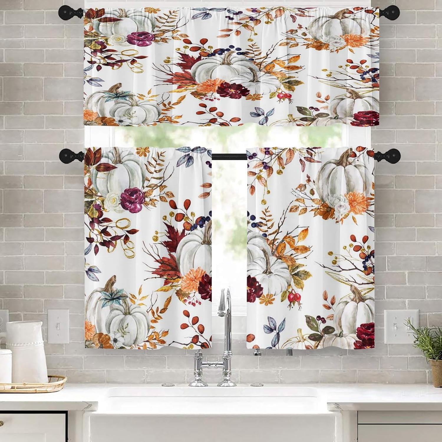 Pumpkin Kitchen Curtains Fall Window Curtains Valance and Tier Set 36 ...