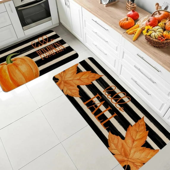 Pumpkin Kitchen Mat Strip, Absorbent Decorative Rug for Kitchen or Door, Two-Piece Fall Themed Mat Set with Colorful Pumpkins and Maple Leaves, Ideal for Seasonal Festivities