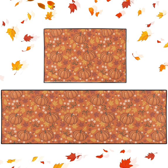 Pumpkin Kitchen Rugs and Mats Non Skid Washable Set of 3, Halloween Country Orange Fall Runner Rug, Autumn Thanksgiving Kitchen Floor Mat Under Sink Mat Throw Rug for Doormat
