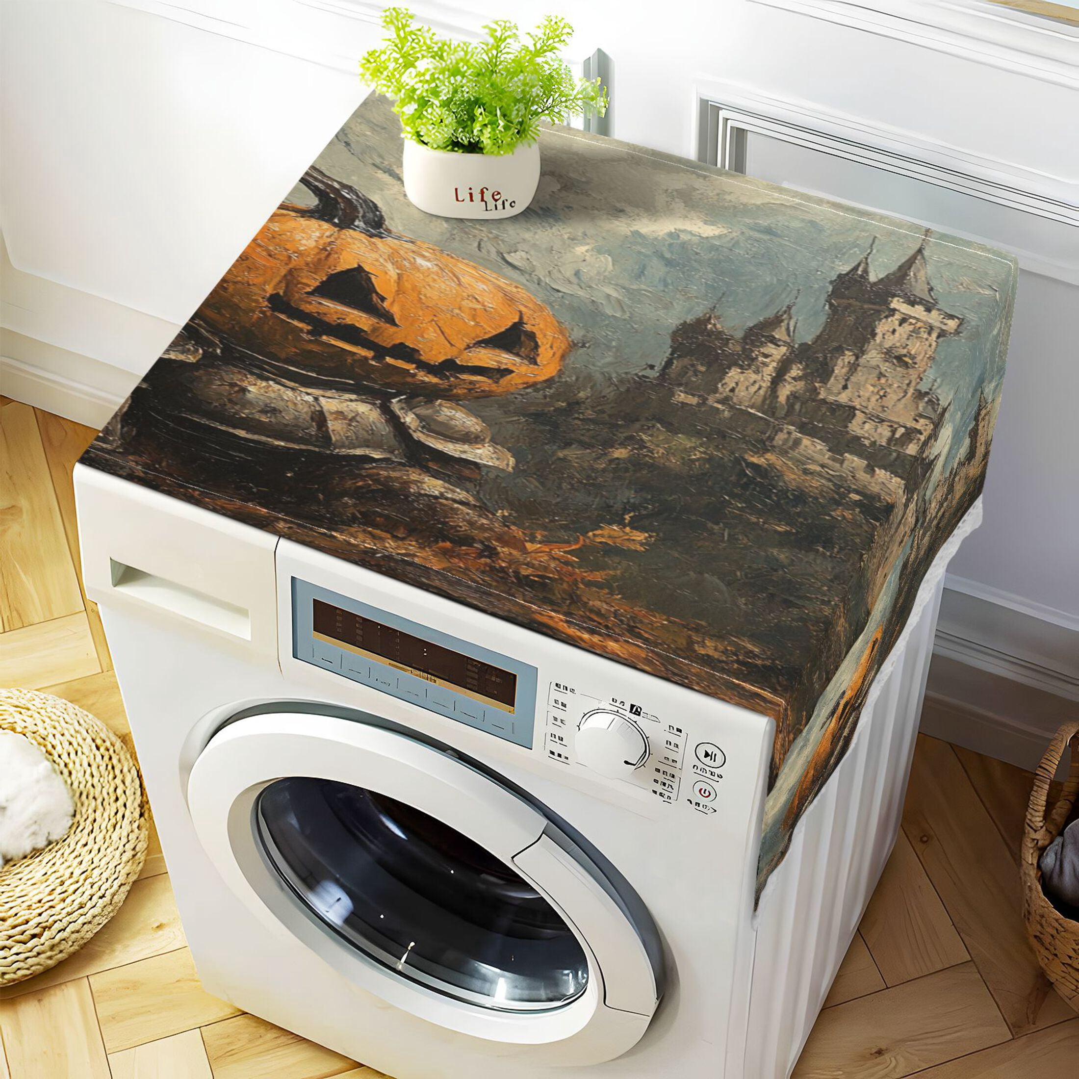 Pumpkin KnightWasher and Dryer Covers Dust-Proof and Oil Resistant Fridge Cover with 4 Storage Pockets Washing Machine Top Cover for Laundry Kitchen Home 51.2 x 22 In