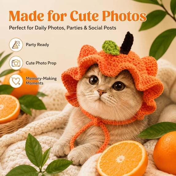 Pumpkin Knitted Pet Cat Hat, Handmade Crochet Headwear with Adjustable ...