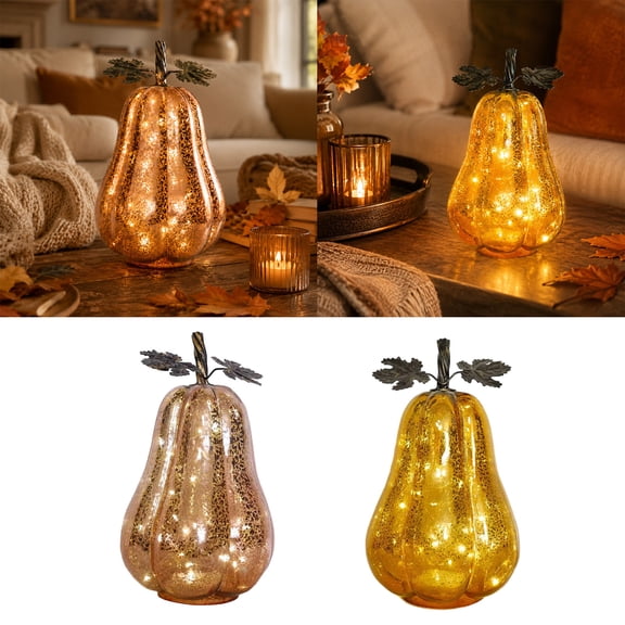 Pumpkin Lamp,Glass Ornament Hand Blown Polished Transparent Fixture With Timed LED Lighting,Tabletop Statue Used For Bedroom Classroom Entryway Seasonal Layout