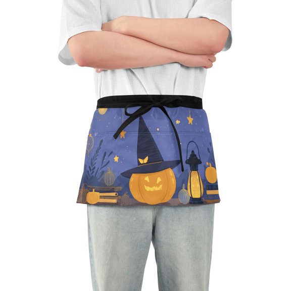 Pumpkin Lamp with Witch Hat Halloween Short Server Apron with 3 Pockets for Unisex Chef Gardening