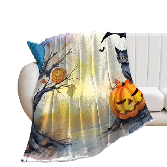 Pumpkin Lantern Black Cat Blankets Flannel Blanket with Soft Throw Blanket for Couch, Bed, Sofa Luxurious Warm And Cozy for All Seasons