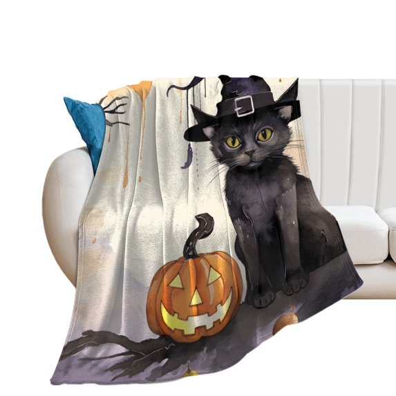 Pumpkin Lantern Black Cat for Women Men Kids Flannel Throw Blankets Soft Fuzzy Lightweight for Home Decor Couch Bed Sofa