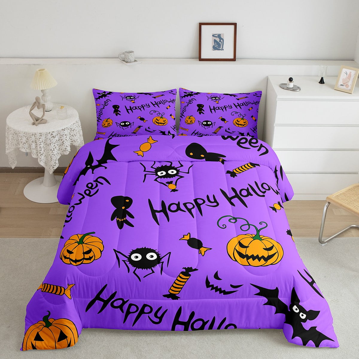 Pumpkin Lantern Comforter Set Twin Size,Black Bats Spiders Bedding