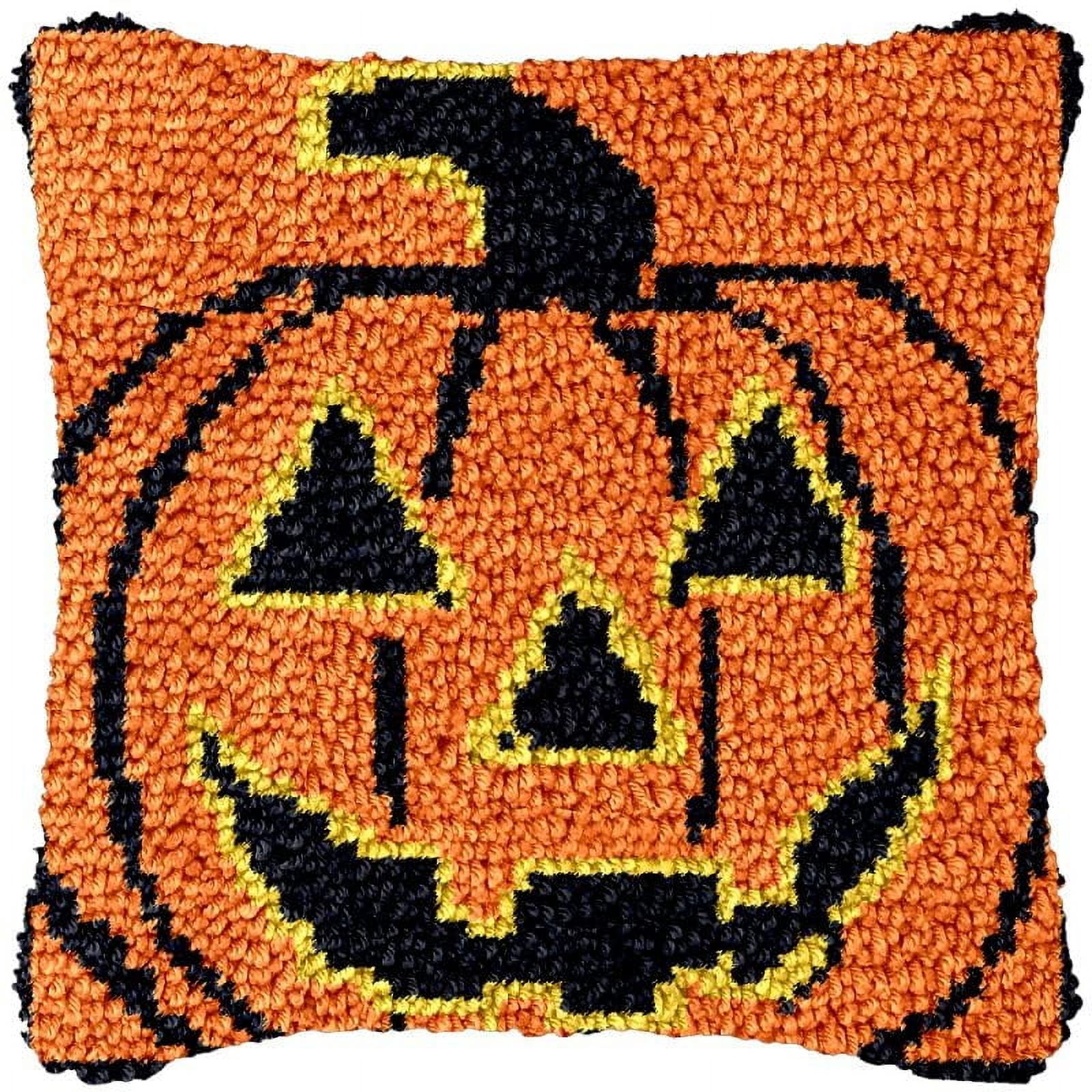 Pumpkin Lantern Latch Hook Pillow Cover Kits for DIY Handmade Throw Pillow Cross Stitch Latch Hook Pillowcase Rug Cushion Kits with Preprinted Canvas Crochet Yarn Kits Needlework 17'' X 17''
