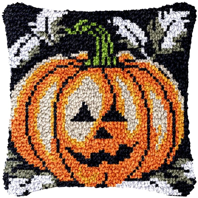 Pumpkin Lantern Latch Hook Pillow Cover Kits for DIY Handmade Throw Pillow Cross Stitch Latch Hook Pillowcase Rug Kits with Preprinted Color Pattern Canvas Crochet Yarn Kits 17''X 17''(ch1)