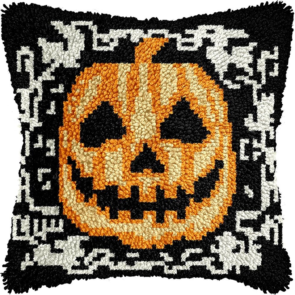 Pumpkin Lantern Latch Hook Pillow Kits for DIY Throw Pillow Cushion Embroidery Latch Hooking Pillowcase Kits with Preprinted Canvas Crochet Yarn Kits for Home Decor 17''X 17''(d48)
