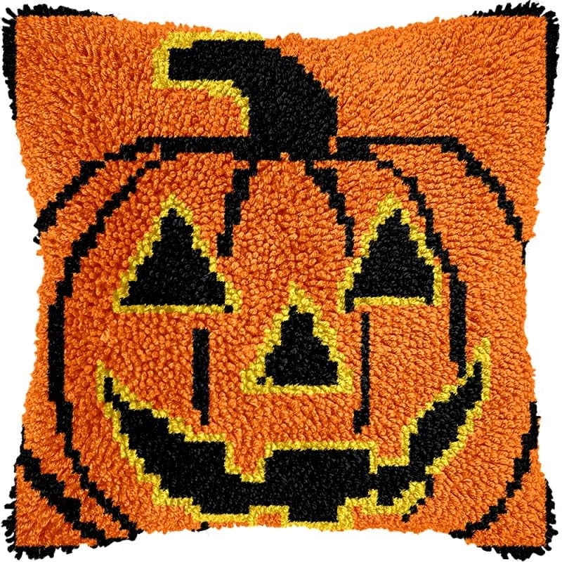 Pumpkin Lantern Latch Hook Pillow Kits Pillow Cover with Pattern Printed Canvas Sofa Hooking Pillowcase Cushion Crafts Embroidery Latch Hooking Crochet Starter Kits 17x17 inch(1)