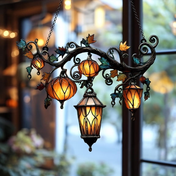 Pumpkin Lantern Vine Acrylic Suncatcher, Autumn Harvest Faux Stained Glass Window Hanging, Gift For Fall Decor Lantern Autumn