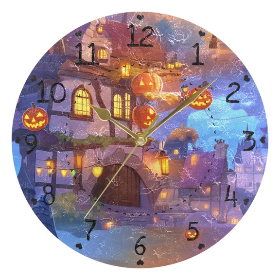 Pumpkin Lantern and House Cartoon Round Wall Clock Silent Battery Operated Home Decor for Living Room Bedroom