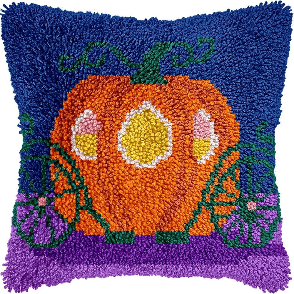 Pumpkin Latch Hook Pillow Cover Kits for DIY Handmade Throw Pillow Cross Stitch Latch Hooking Pillowcase Kits with Preprinted Color Pattern Canvas Crochet Yarn Kits 17''X 17''(7-22)