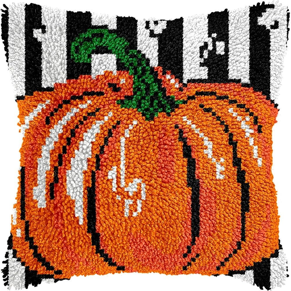 Pumpkin Latch Hook Pillow Kits for DIY Handmade Throw Pillow Cushion Embroidery Latch Hooking Pillowcase Kits with Preprinted Canvas Crochet Yarn Kits 17''X 17''(g190)