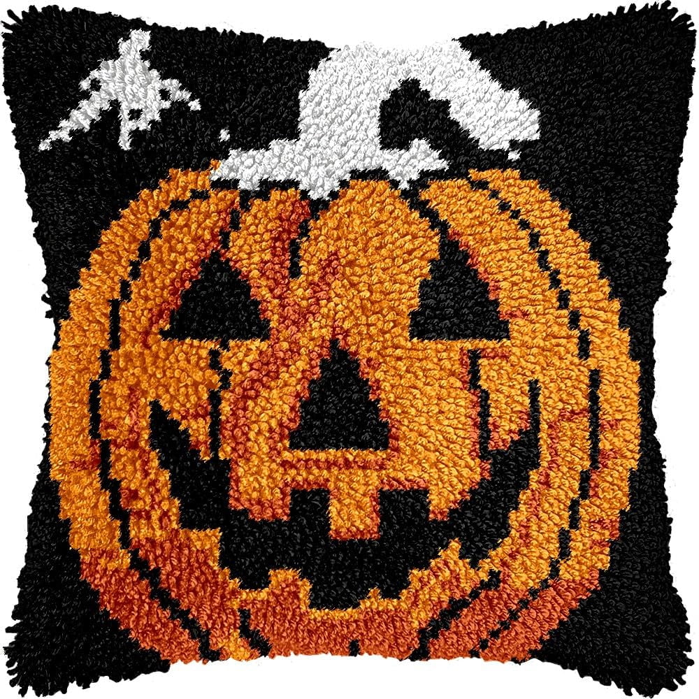 Pumpkin Latch Hook Pillow Kits for DIY Handmade Throw Pillow Cushion Embroidery Latch Hooking Pillowcase Kits with Preprinted Canvas Crochet Yarn Kits 17''X 17''(g55)